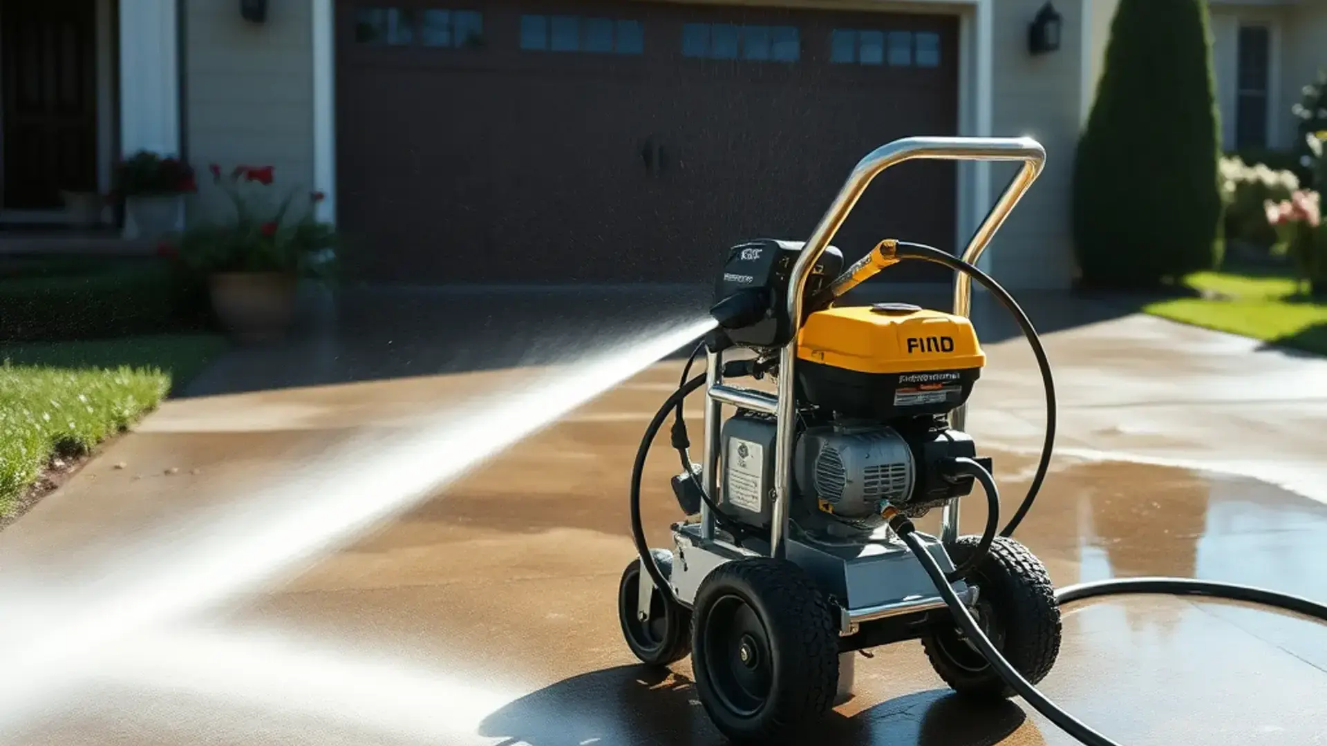 Professional pressure washing cleaning concrete driveway